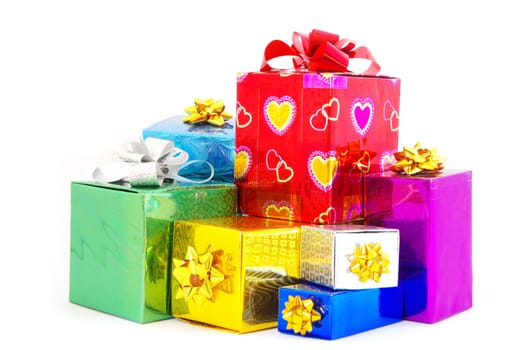 Christmas box gifts with satin bow isolated on white background