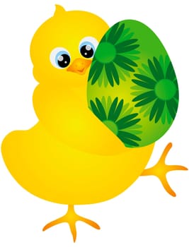 Yellow Chick Carrying an Happy Easter Day Egg with Floral Pattern Isolated on White Background Illustration