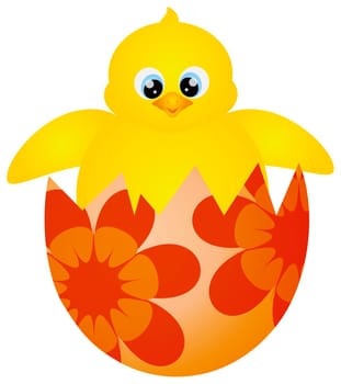 Yellow Chick Hatching from Happy Easter Day Egg with Floral Pattern Isolated on White Background Illustration