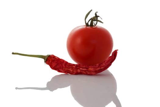 A tomato and a red dried chile