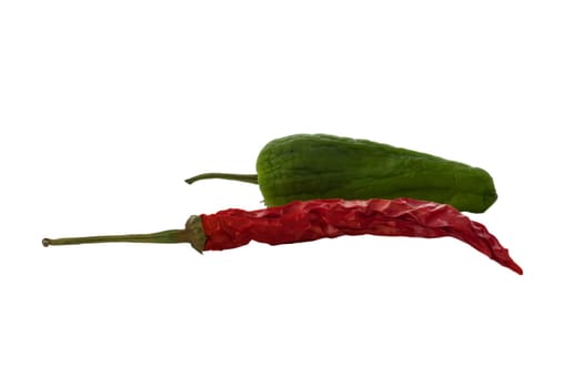 A dried red chile and an almost dried green chile