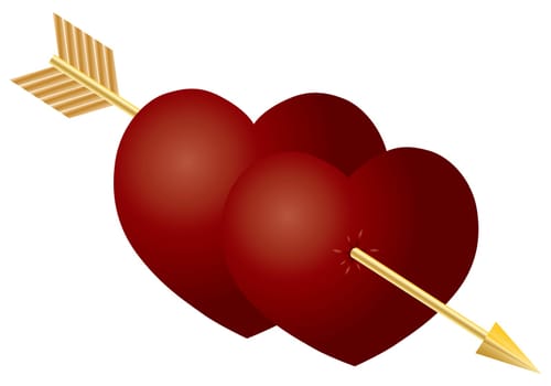 Valentines Day Double Hearts with Gold Arrow Isolated on White Background Illustration