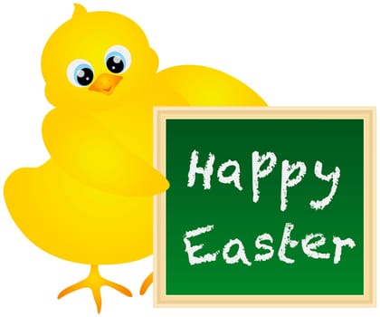 Yellow Chick Holding a Chalkboard with Happy Easter Text Isolated on White Background Illustration