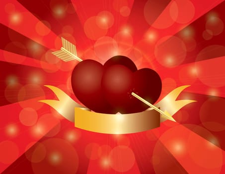 Valentines Day Double Hearts with Gold Arrow and Banner on Red Sun Rays Background Illustration