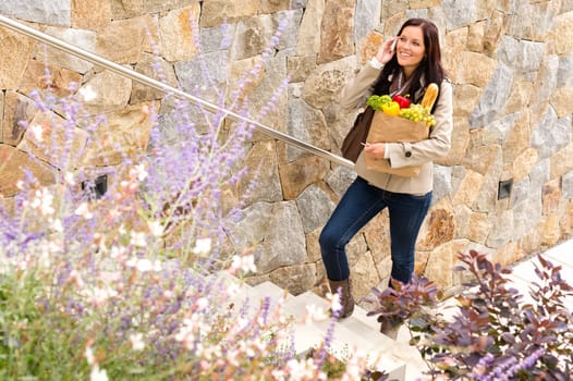 Smiling woman climbing stairs talking phone shopping bag groceries