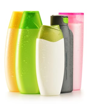 Composition with plastic bottles of body care and beauty products