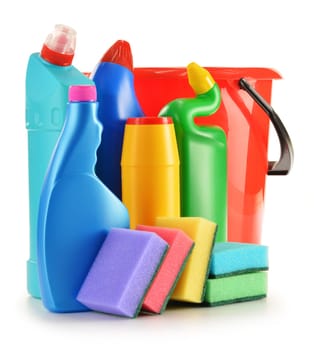 Detergent bottles isolated on white. Chemical cleaning supplies isolated on white