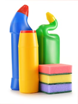 Detergent bottles isolated on white. Chemical cleaning supplies isolated on white