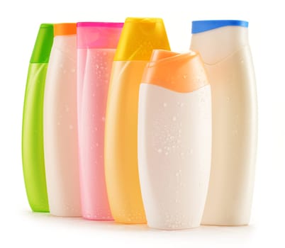 Composition with plastic bottles of body care and beauty products