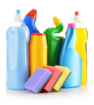 Detergent bottles isolated on white. Chemical cleaning supplies isolated on white