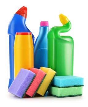 Detergent bottles isolated on white. Chemical cleaning supplies isolated on white