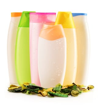 Composition with plastic bottles of body care and beauty products