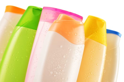 Composition with plastic bottles of body care and beauty products