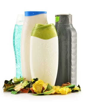 Composition with plastic bottles of body care and beauty products