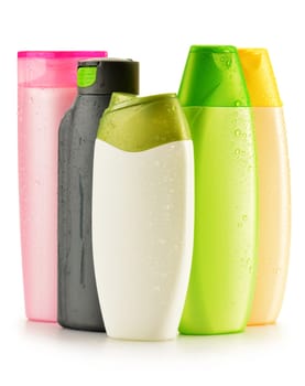 Composition with plastic bottles of body care and beauty products