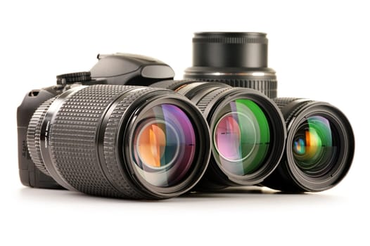 Composition with photo zoom lenses isolated on white background