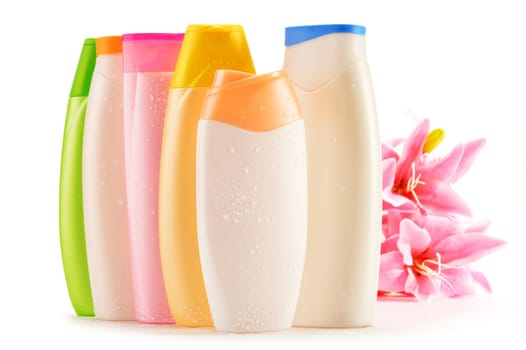 Composition with plastic bottles of body care and beauty products