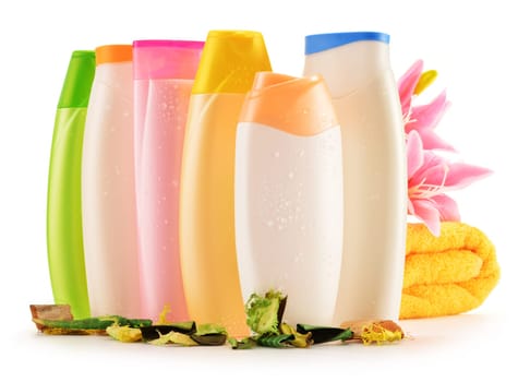 Composition with plastic bottles of body care and beauty products