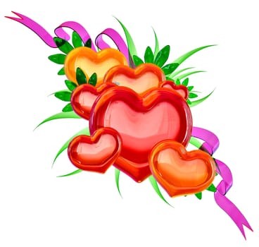 Set of glass hearts in floral style with green leaves and lilac ribbon on white background for Valentine's Day