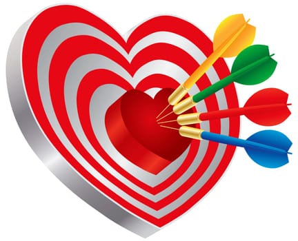 Darts Red Heart Shape Target Dartboard Bullseye Isolated on White Background Illustration