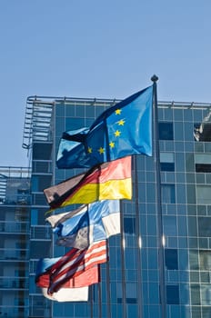 Fluttering flags of the countries of the European Union