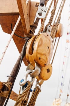 Ropes and wooden tackle blocks  of an sailing vessel