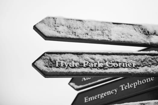 Directions sign in Hyde Park after three days of blizzards.