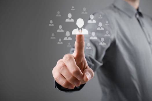 Human resources, CRM and social media concept - officer choose person represented by icon. Gender discrimination in employees selection.