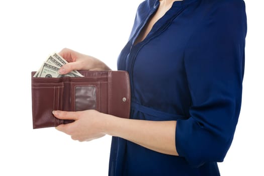 Woman take dollar money (three hundreds) out from wallet. White background.