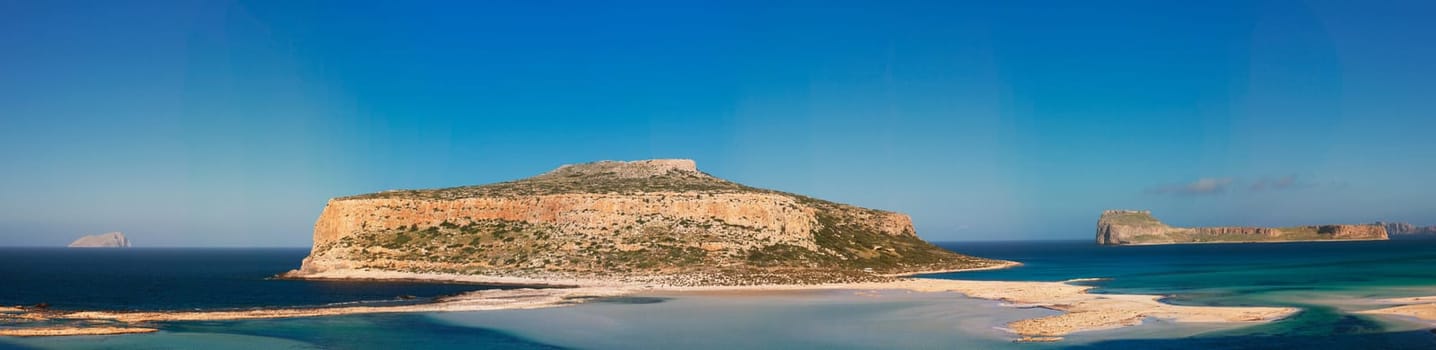 Panorama of Balos Beach and island in summer, Crete, Greece.