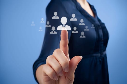 Human resources, CRM and social media concept - officer choose person represented by icon.