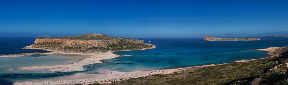 Panorama of Balos Beach and island in summer, Crete, Greece.