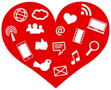 Red Heart with Social Media Icons and Symbols Isolated on White Background Illustration