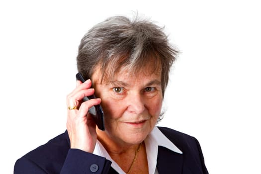 Successful senior woman using smartphone - isolated on white background