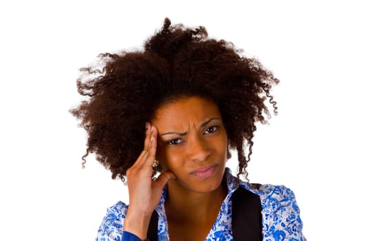 Young African American woman holding hands to her temples - isolated on white background