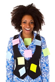 Young african american woman with post-it note - isolated on white background