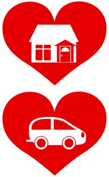 Red Heart with House and Car Icons and Symbols Isolated on White Background Illustration