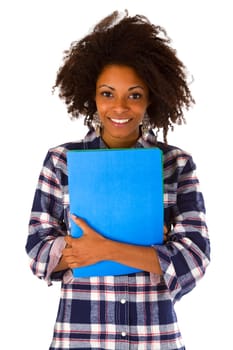 Young attractive woman holding portfolios isolated on white background