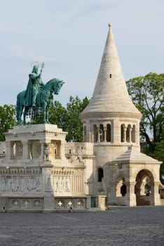 Saint Stephen was the first King of Hungary who converted the tribes to Christianity. Statue at Budapest in front of The Fisherman's Bastion.