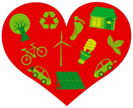 Red Heart with Eco Friendly Recycle Icons and Symbols Isolated on White Background Illustration
