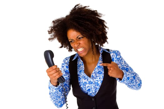 Screaming african american woman with telephone receiver - isolated on white background
