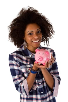 Young african american woman with piggy bank - isolated on white background