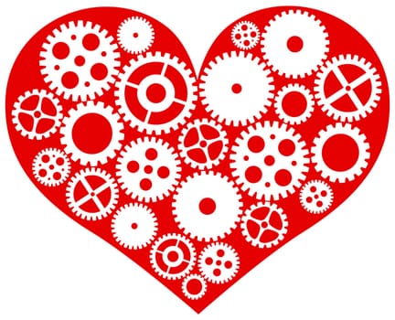 Valentines Day Red Heart with Mechanical Gears Isolated on White Background Illustration