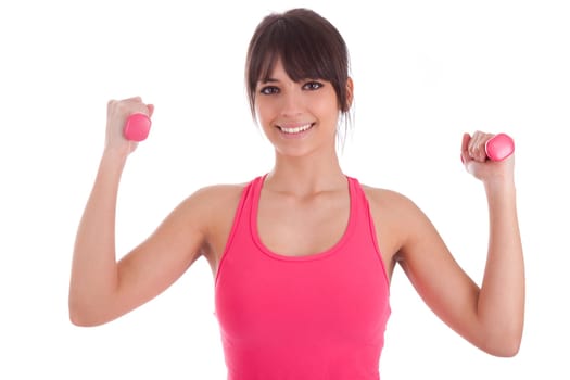 Portrait of a fitness woman working out with free weights,isolated on white background