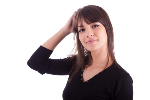 Close up portrait of young beautiful caucasian woman, isolated on white background