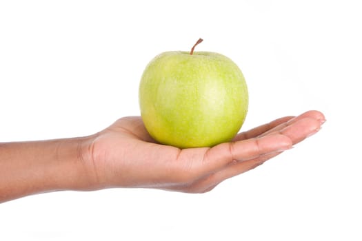 African American woman holding a fresh apple in her hand,isolated on white background