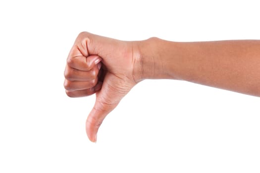 African American woman Hand making thumbs down gesture, isolated on white background