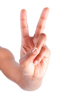 African American woman making peace gesture, isolated on white background