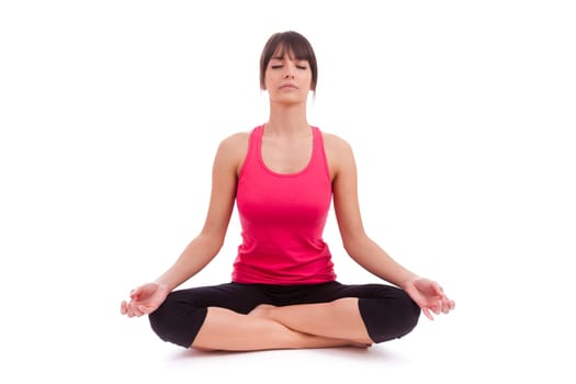 Beautiful caucasian woman in yoga position, isolated on white background
