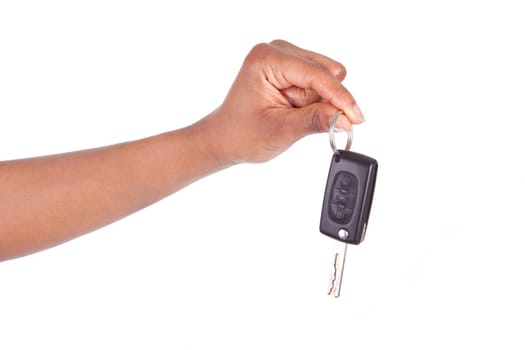 African American woman Hand Holding New Car Key, isolated on white background